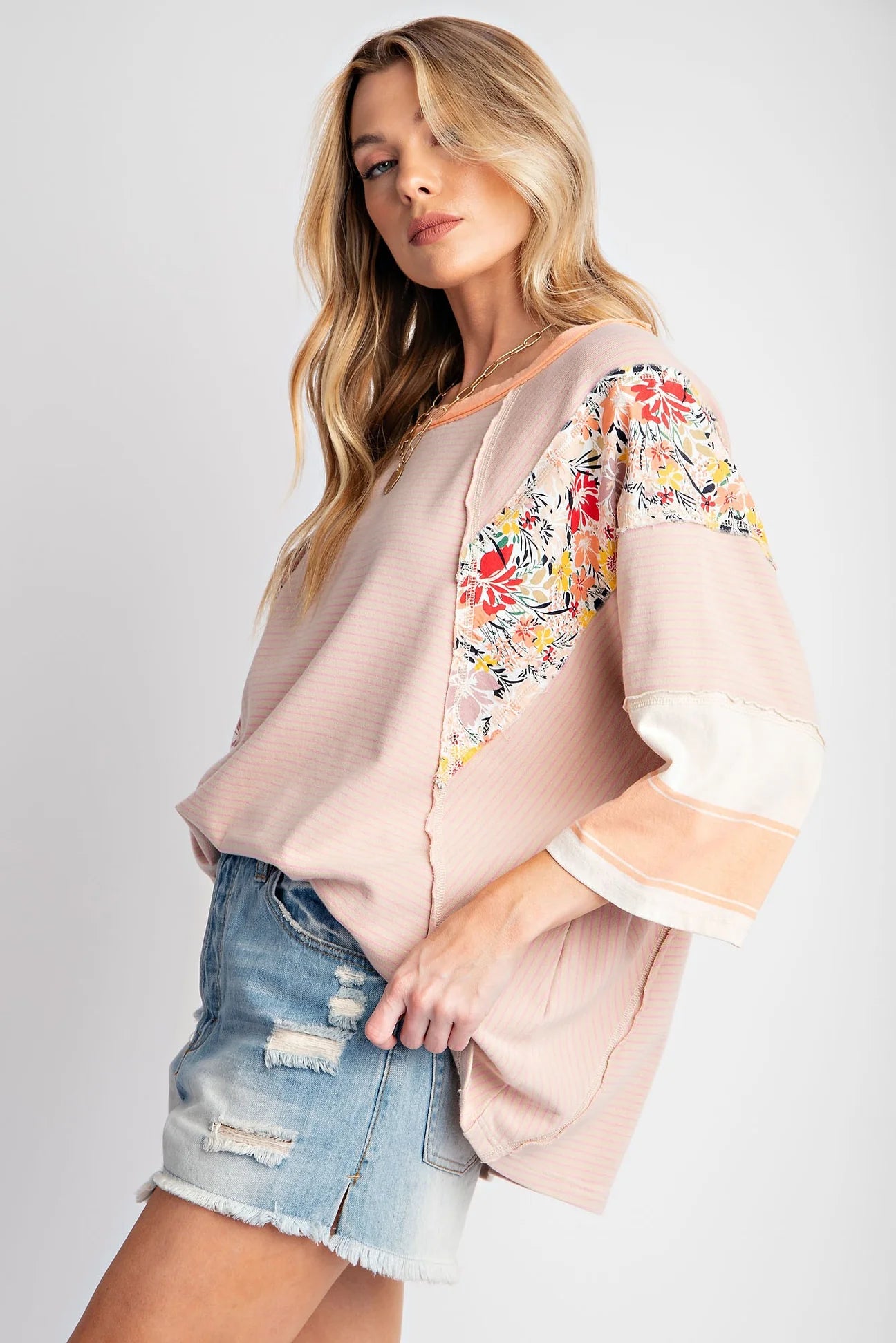 Apricot Mixed Print Sleeve Top