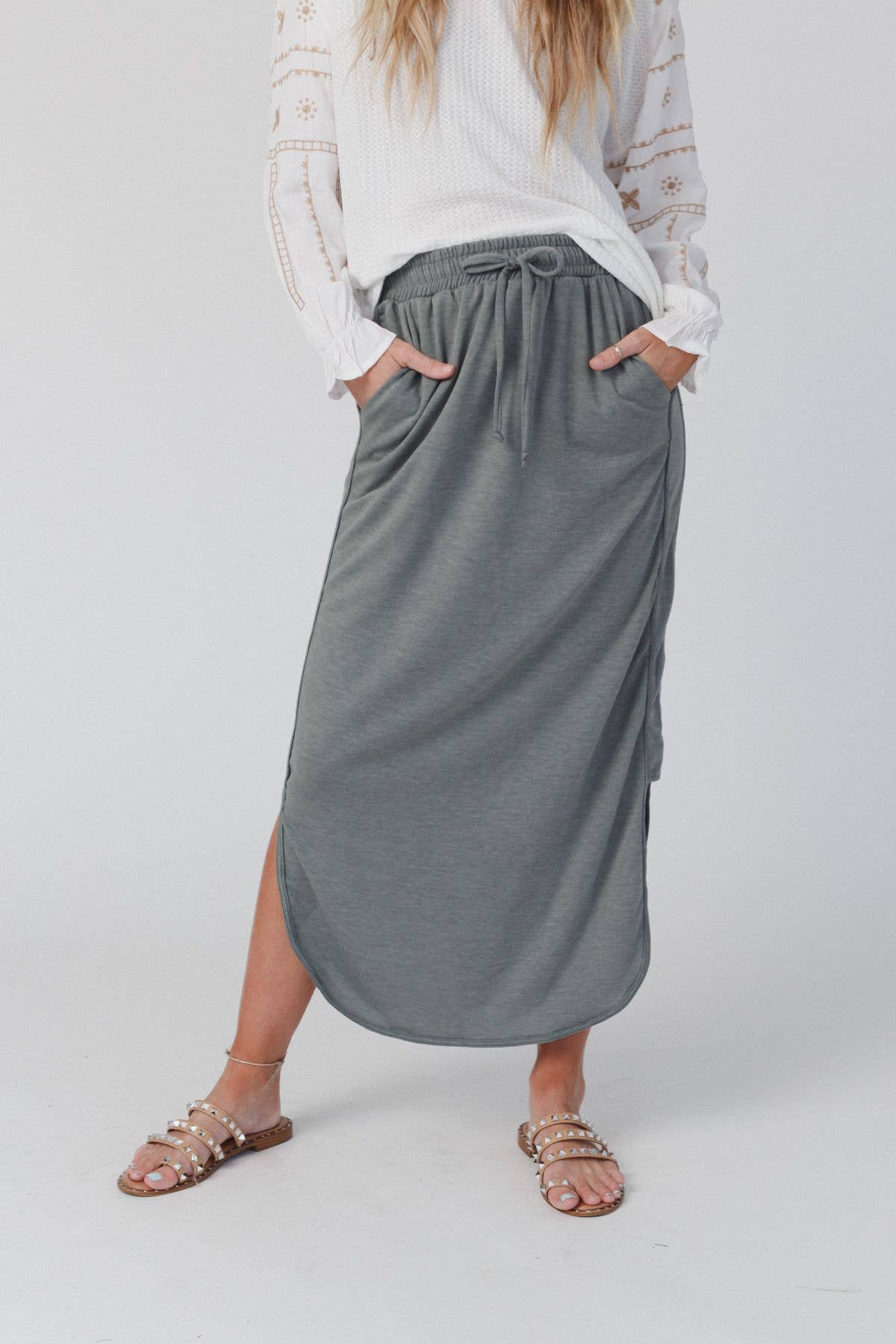 So Comfy Drawstring Maxi Skirt - Light Olive